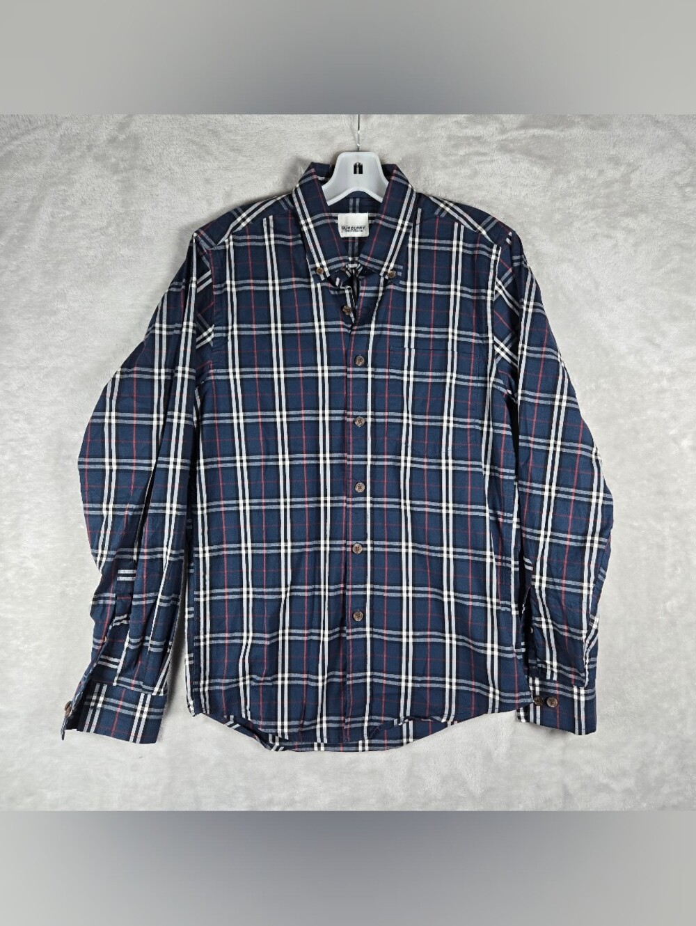 Burberry London England Button Up Mens Size Medium Navy Blue Nova Check Plaid